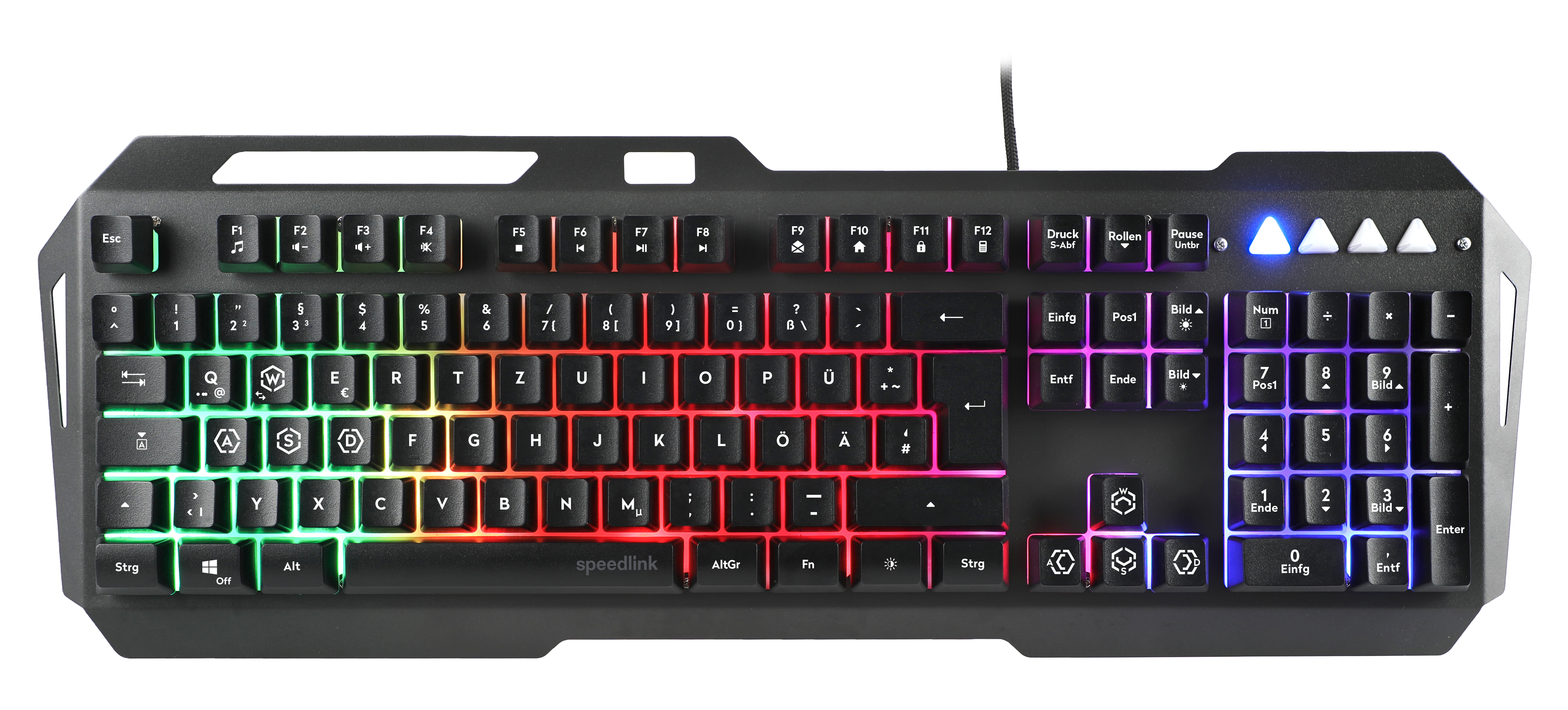 Beleuchtete Speedlink Gaming-Tastatur mit deutschem Layout und farbiger RGB-Hintergrundbeleuchtung