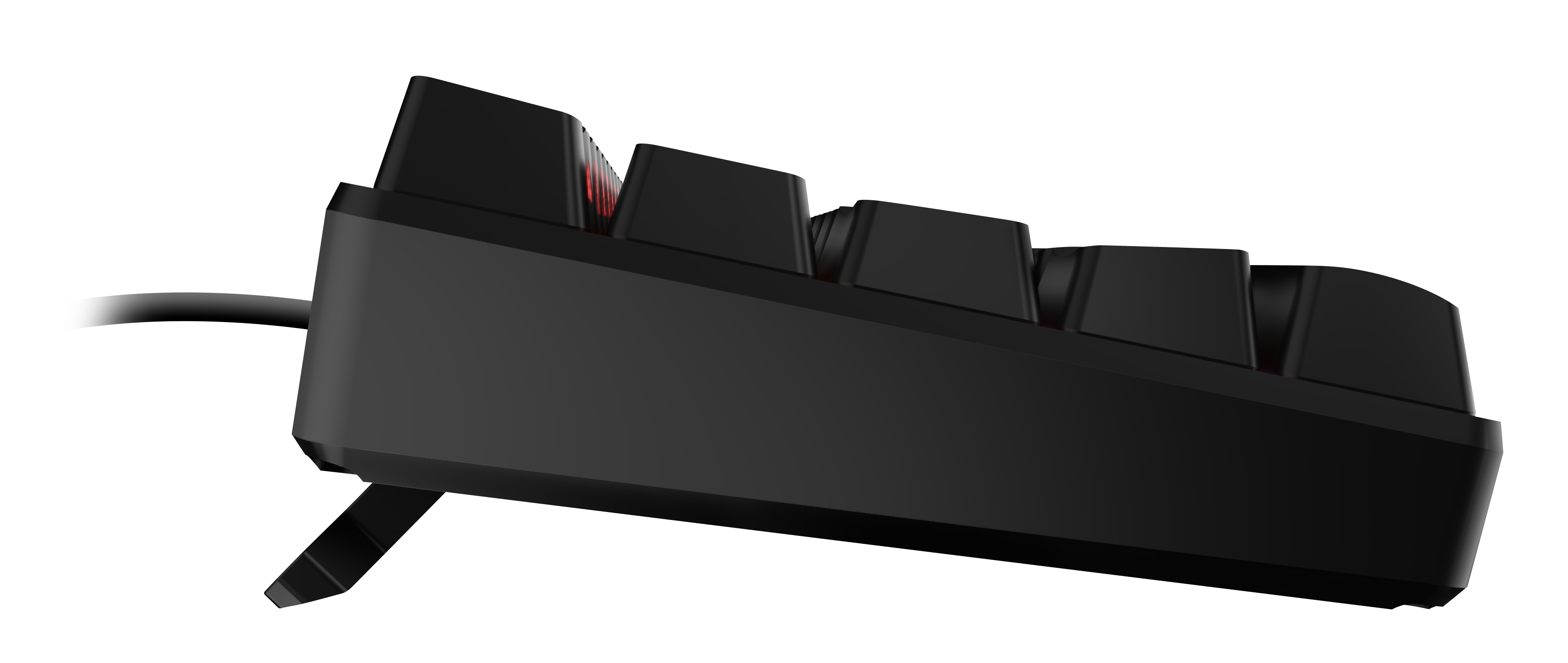 Schwarze mechanische Tastatur von der Seite mit hochgeklapptem Standfuß und angeschlossenem Kabel