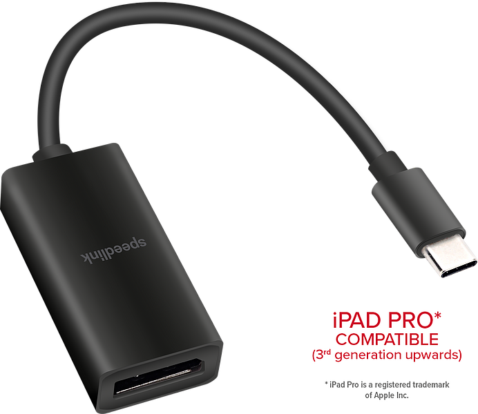 Schwarzer Speedlink Adapter mit USB-C auf HDMI Anschluss, geeignet für iPad Pro ab der 3. Generation