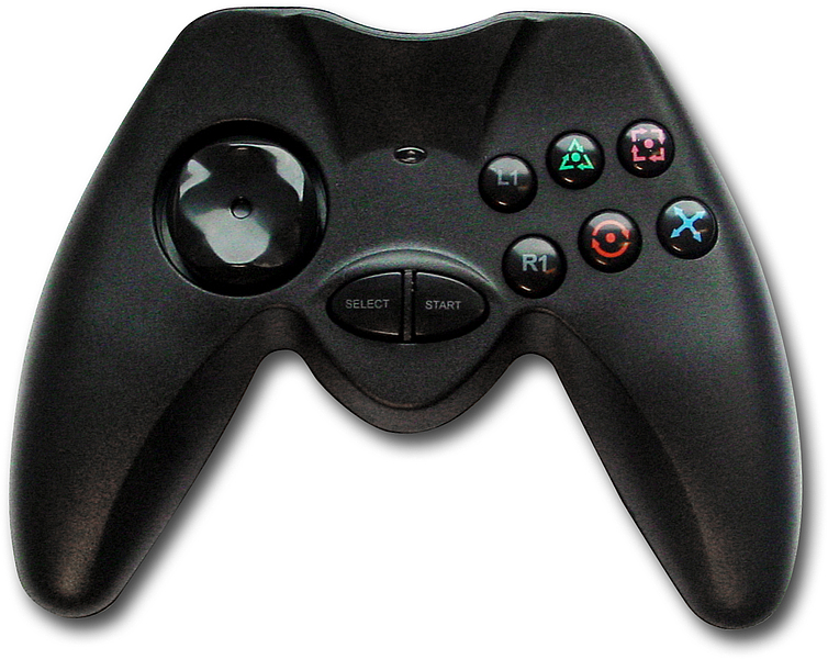 Abbildung eines schwarzen Controllers für Gaming mit beidseitigen Griffen, Steuerkreuz und mehreren farbigen Tasten