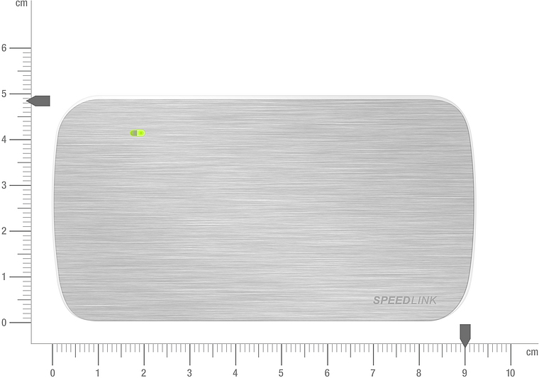 Externes Aluminium-Gehäuse von SPEEDLINK in Silber mit abgerundeten Ecken, lineare Struktur und Maßangaben in Zentimetern