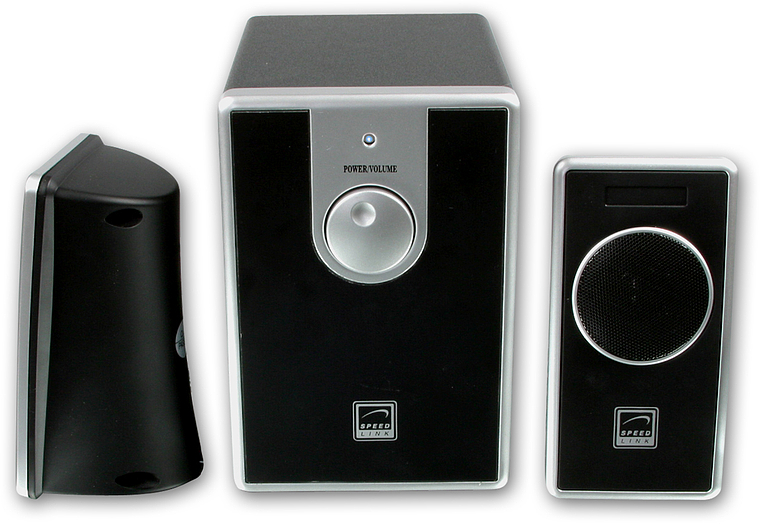 Abbildung eines Speedlink 2.1 Lautsprechersystems mit Subwoofer und zwei Satellitenlautsprechern, schwarz-silbernes Design
