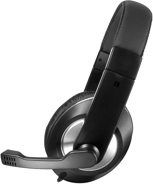 Schwarzes Headset mit integriertem Mikrofon und gepolstertem Kopfbügel, geeignet für komfortables Telefonieren und Videokonferenzen