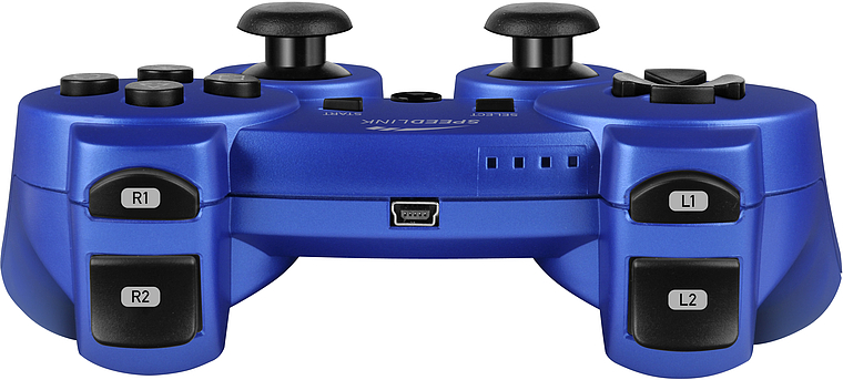 Blauer Gamecontroller mit Tasten R1, R2, L1, L2, zwei Analogsticks und USB-Anschluss, von hinten fotografiert