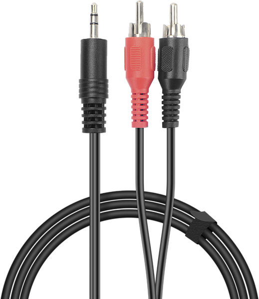 Schwarzes Audio Kabel mit 3,5mm Klinkenstecker auf zwei Cinch Stecker (rot und schwarz) für Stereo Audioverbindungen