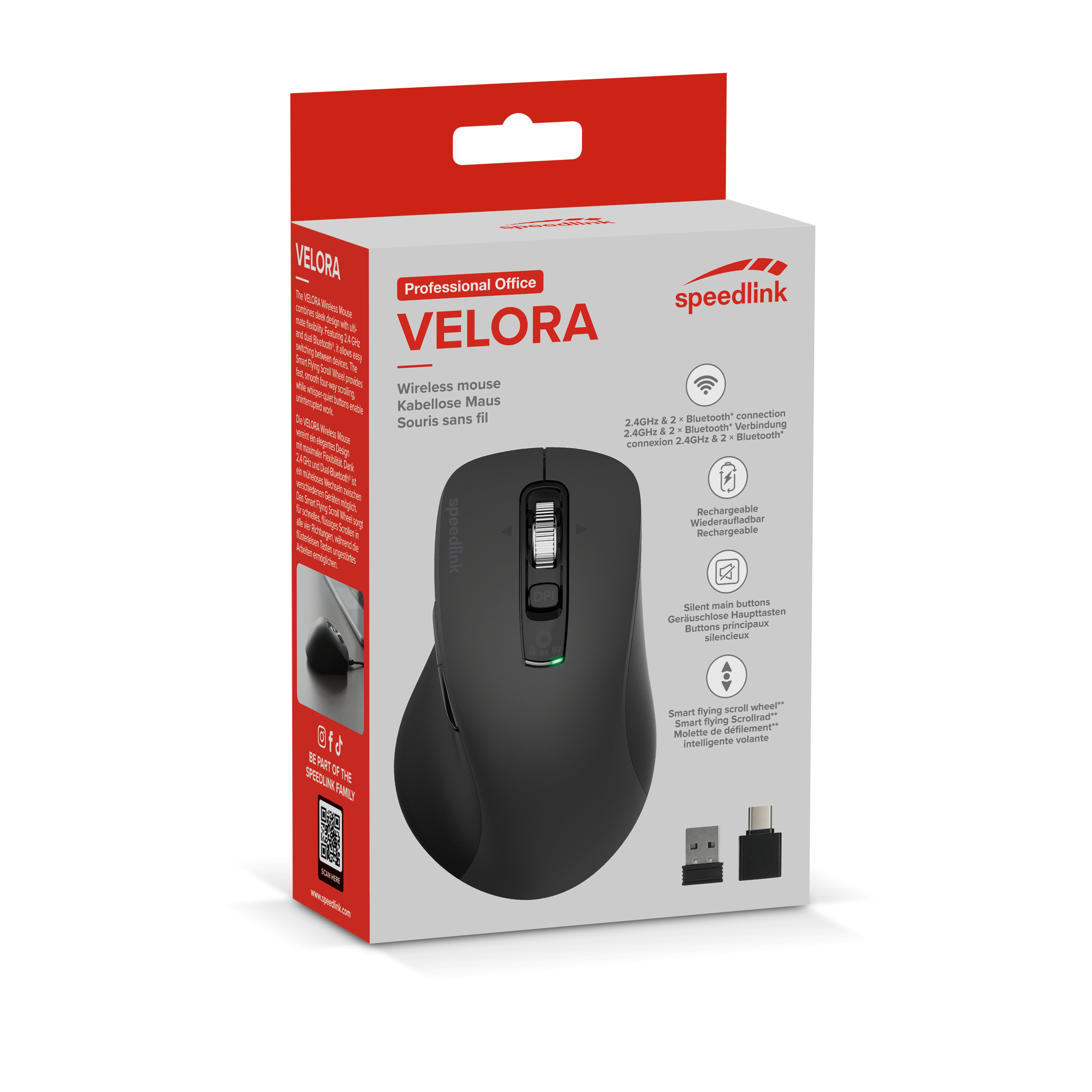 VELORA wiederaufladbare Maus - kabellos, Bluetooth, Smart Flying Scroll Wheel, schwarz