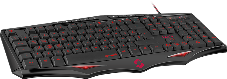 Schwarze Gaming-Tastatur mit roten LEDs, ergonomischem Design und auffälligen Akzenten