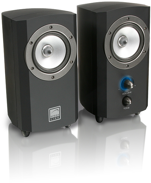 Zwei schwarze Speedlink Stereo-Lautsprecher mit sichtbarem Lautstärkeregler und Tonregler, ideal für PC oder Musikgenuss