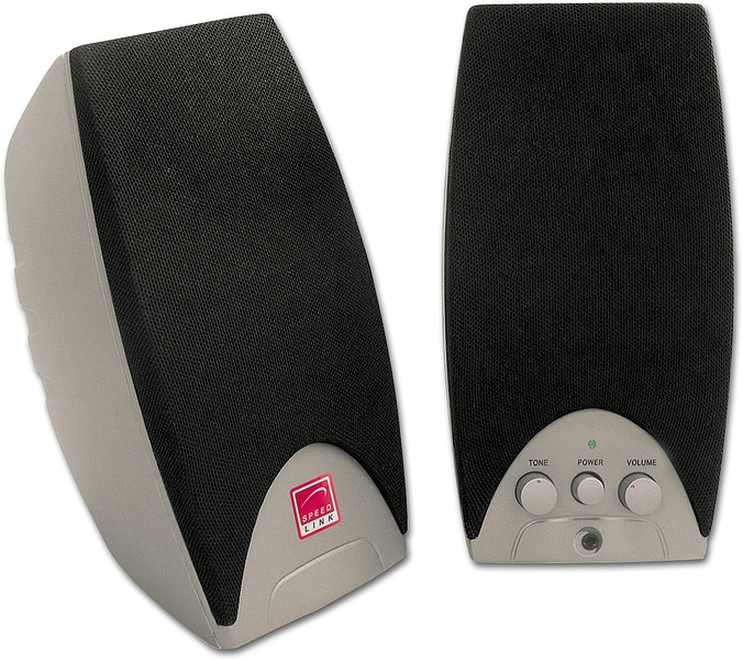 Zwei Speedlink PC-Lautsprecher in Schwarz-Grau, einer mit Bedienelementen für Ton, Lautstärke und einen Kopfhöreranschluss