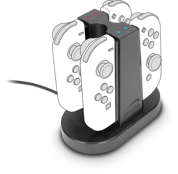 Ladestation von Speedlink mit vier eingesetzten Nintendo Switch Joy-Con Controllern zum gleichzeitigen Aufladen