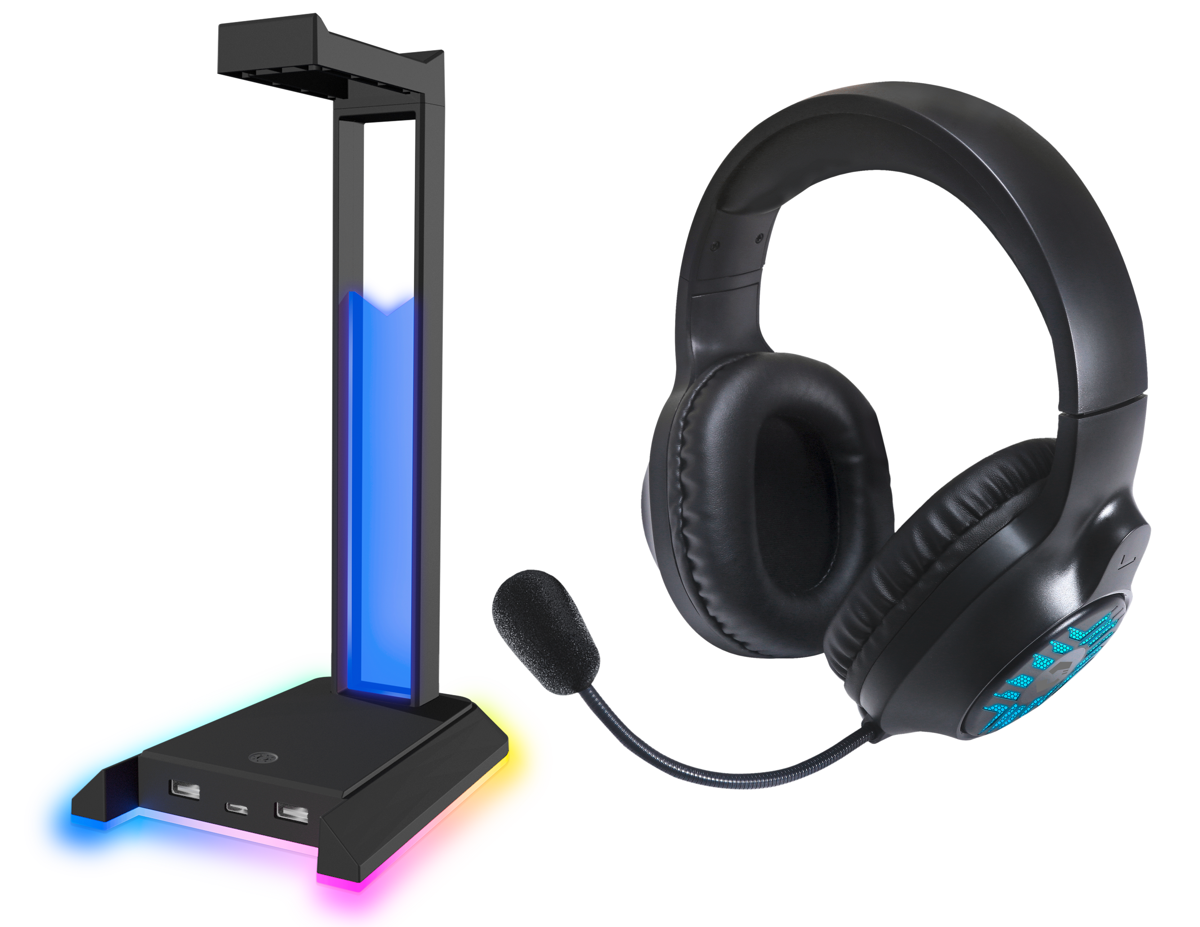 Schwarzes Gaming Headset mit Mikrofon und RGB-beleuchtetem Ständer mit USB-Anschlüssen