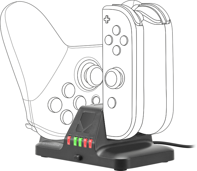 Schwarze Ladestation mit angeschlossenen Nintendo Switch Joy-Con und Pro Controller, LED-Ladestatusanzeige leuchtet