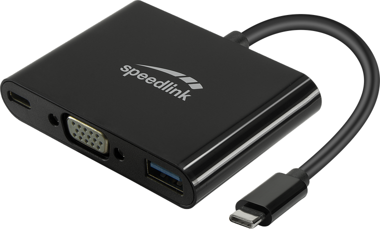 Schwarzer Speedlink USB-C Multiport Adapter mit VGA-, USB-A- und USB-C-Anschluss für Computer und Laptops
