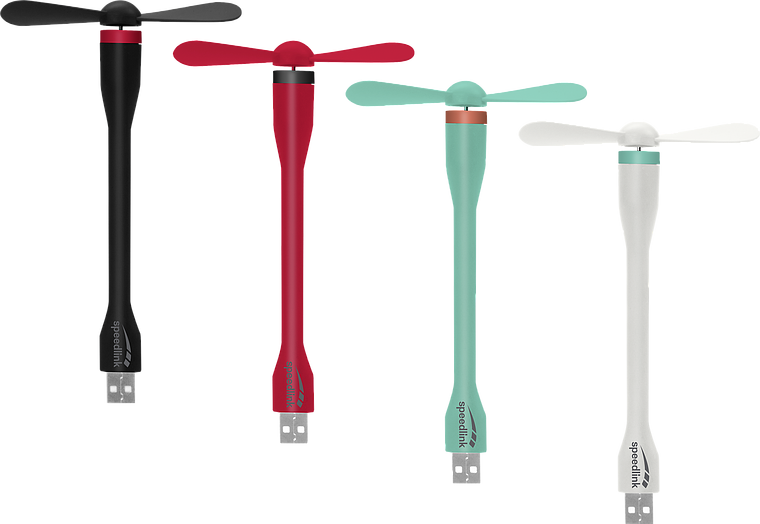 Vier USB Mini-Ventilatoren in den Farben Schwarz, Rot, Türkis und Weiß, ideal für unterwegs und den Anschluss an Laptop oder Powerbank
