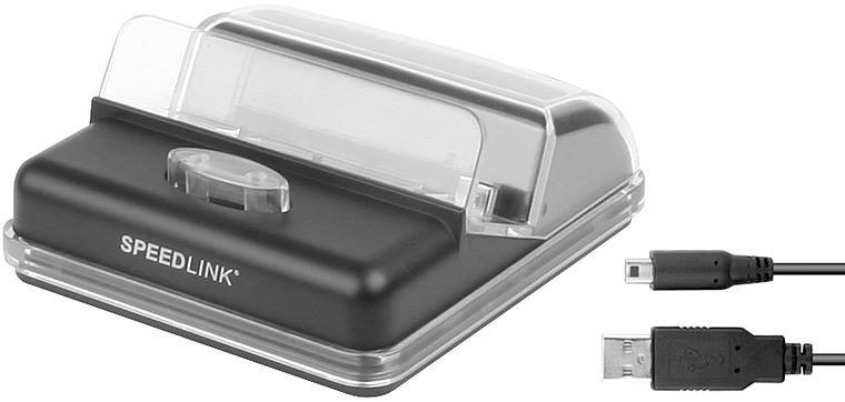 SPEEDLINK Ladestation für Nintendo DS Lite mit durchsichtigem Deckel und passendem USB-Kabel abgebildet
