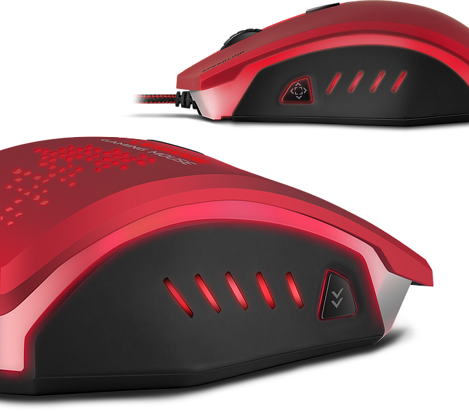 Detailaufnahme einer roten Gaming-Maus mit schwarzem Seitenteil, LED-Beleuchtung und zusätzlichen Funktionstasten