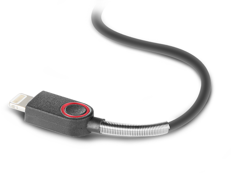 Schwarzes USB-Ladekabel mit Lightning-Anschluss und rotem Ring, geeignet für Apple-Geräte, Knickschutz dank Metallfeder