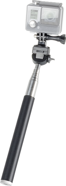 Ausziehbarer Selfiestick aus Metall mit ergonomischem Griff und befestigter Actionkamera, geeignet für Selfies und Aufnahmen unterwegs