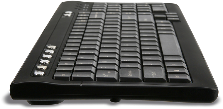 Schwarze Tastatur mit flachem Design und zusätzlichen Funktionstasten, seitliche Ansicht