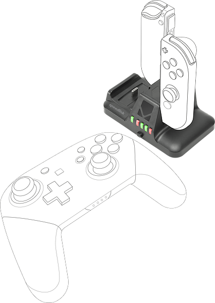 Abgebildet ist eine Ladestation für Nintendo Switch Joy-Con Controller und Pro Controller in Schwarz, geeignet zur gleichzeitigen Aufladung mehrerer Controller.