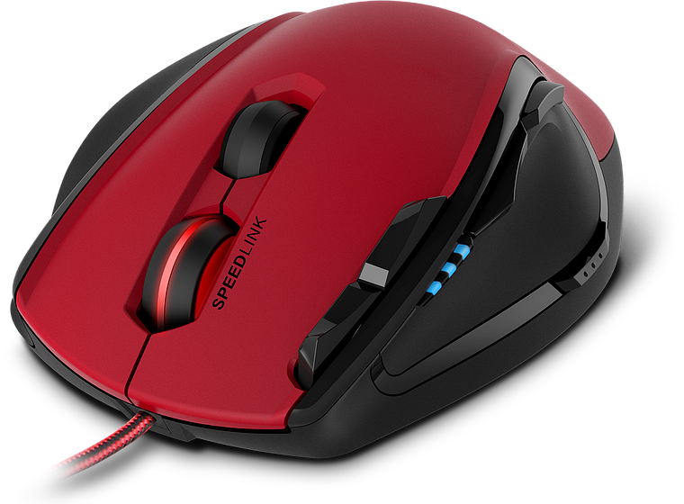 Moderne rote Speedlink-Gaming-Maus mit seitlichen Tasten und beleuchtetem Scrollrad auf weißem Hintergrund