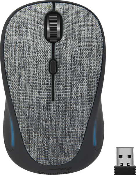 Kabellose Maus mit grauer Stoffoberfläche und passendem USB-Adapter, von oben betrachtet