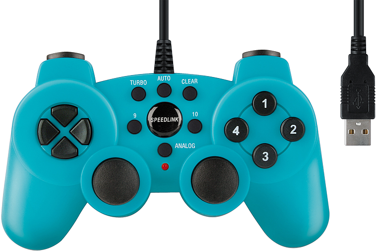 Blaues kabelgebundenes Speedlink USB Gamepad mit zwei Analogsticks, Steuerkreuz und Funktionstasten
