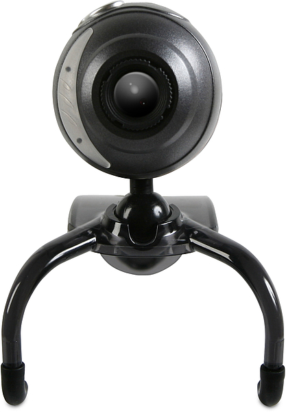 Vorderansicht einer schwarzen Webcam mit rundem Gehäuse und flexiblem Stativ, geeignet für Videokonferenzen und Online-Kommunikation