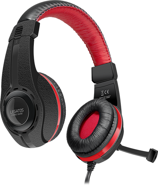 Schwarz-rotes LEGATOS Gaming-Headset mit Mikrofon und gepolstertem Over-Ear-Design, ideal für Stereo-Sound und komfortables Tragen