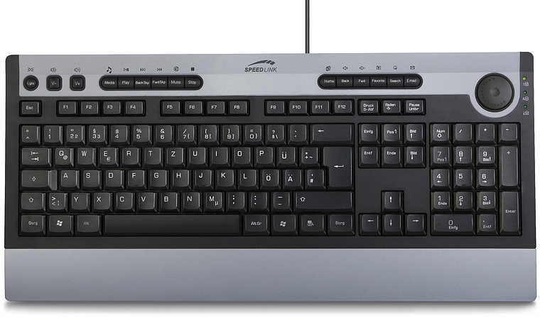 Bild einer SPEEDLINK SLIM-LINE Tastatur mit deutschem QWERTZ-Layout, Multimediatasten und silber-schwarzem Gehäuse