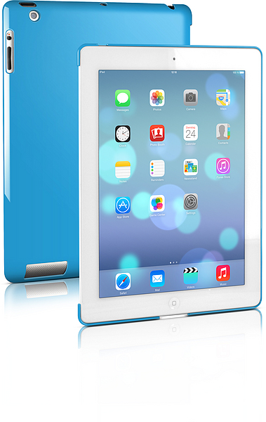 Apple iPad mit einer blauen Schutzhülle, das Display zeigt den Home-Bildschirm, im Hintergrund ist die Rückseite sichtbar.
