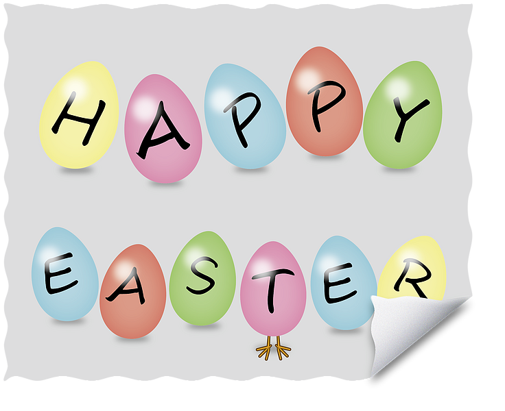 Grafik mit bunten Ostereiern, auf denen 'Happy Easter' steht, ideal für Osterdekoration