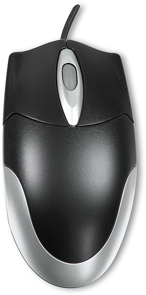 Schwarze und silberne kabelgebundene Computermaus mit ergonomischem Design und Scrollrad von oben