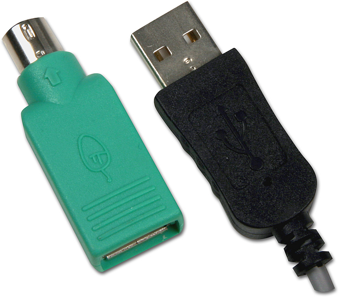 Grüner PS/2-zu-USB-Adapter neben einem schwarzen USB-Stecker für Tastatur oder Maus