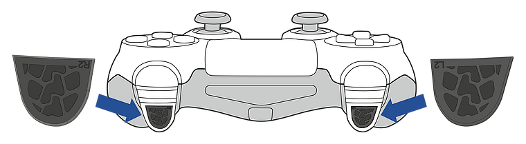 Abbildung eines Gamecontrollers mit Pfeilen, die das Anbringen von Ersatzgriffschalen auf beiden Seiten zeigen