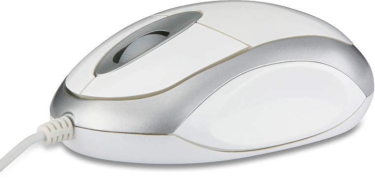 Weiße und silberne kabelgebundene Computermaus mit Scrollrad, seitlicher Ansicht