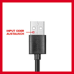 Detailaufnahme eines USB-Steckers mit der Beschriftung 'Input oder Austausch', schwarzes Kabel, rote Umrandung