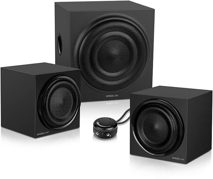 Abgebildet ist das SPEEDLINK 2.1 Soundsystem, bestehend aus zwei Lautsprechern, einem Subwoofer und einer Bedieneinheit in Schwarz.