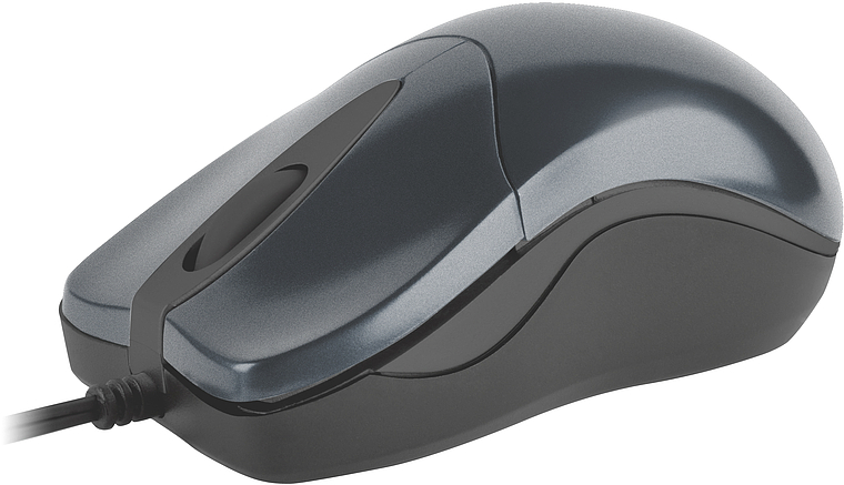 Seitenansicht einer schwarzen kabelgebundenen Computermaus auf weißem Hintergrund