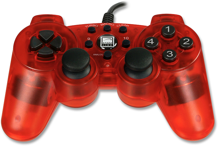Roter transparenter kabelgebundener Gamecontroller mit zwei Analogsticks, Pfeiltasten und nummerierten Funktionstasten