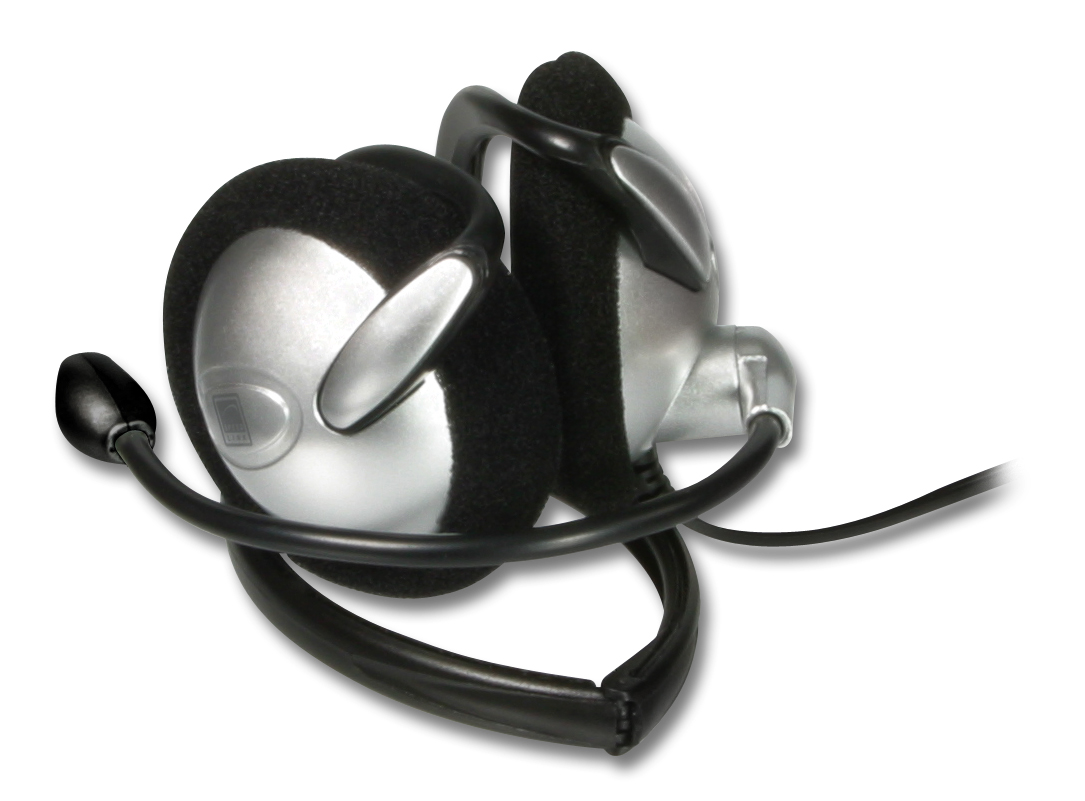 Abbildung eines schwarz-silbernen Headsets mit Mikrofon, geeignet für Computer, Online-Meetings oder Gaming