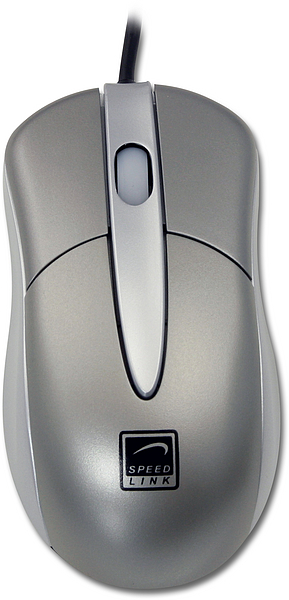 Obenansicht einer silbernen, kabelgebundenen Maus von Speed Link mit ergonomischer Form