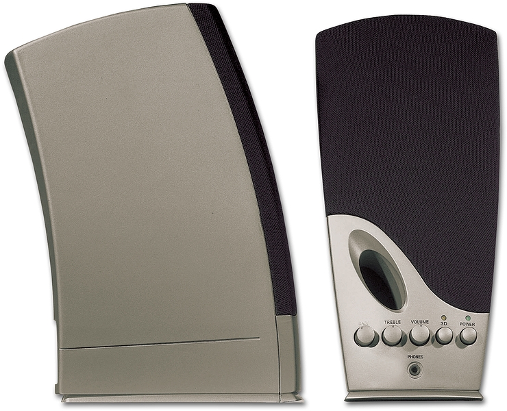 Zwei moderne Stereo-Lautsprecher in Silber mit schwarzer Front, inklusive Reglern für Lautstärke, Höhen, 3D-Sound und Anschluss für Kopfhörer