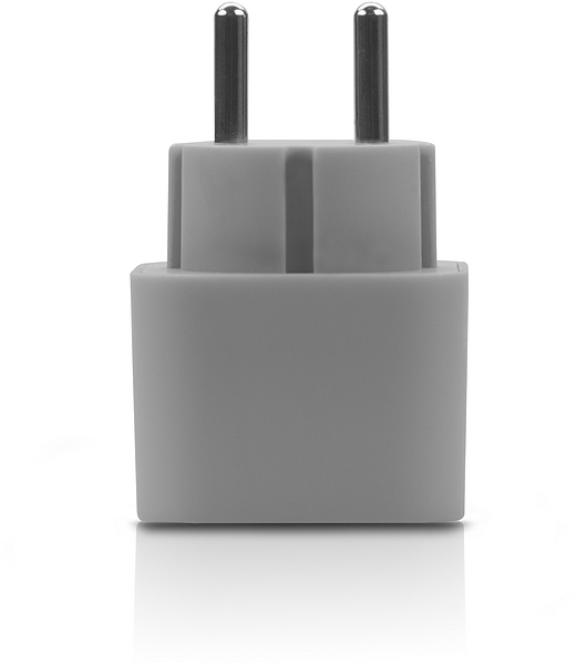 Grauer Universal Reiseadapter mit zwei runden Steckern, geeignet für europäische Steckdosen