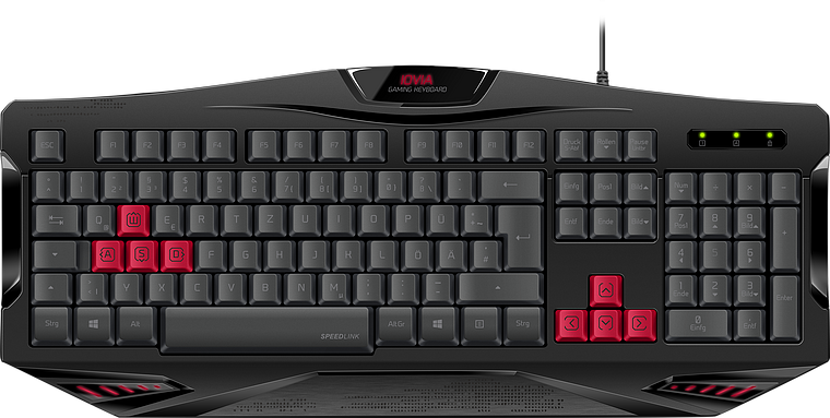 Schwarze Gaming-Tastatur mit roten Gaming-Tasten, QWERTZ-Layout, kabelgebunden mit LED-Anzeigen