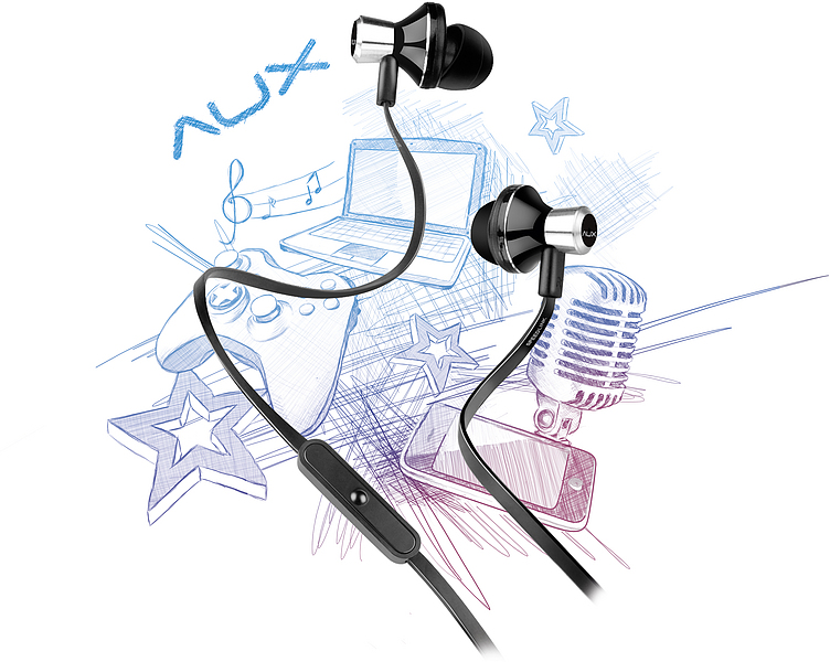 Schwarze In-Ear-Kopfhörer mit Kabel und Mikrofon vor einer Illustration aus Laptop, Mikrofon, Smartphone und Gamepad