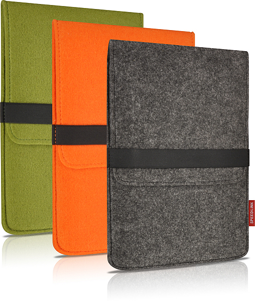 Drei Tablet-Schutzhüllen aus Filz in den Farben Grau, Orange und Grün mit schwarzem Gummiband