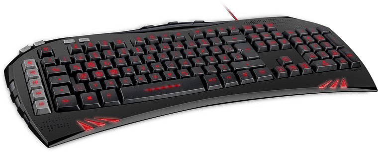 Schwarze Gaming-Tastatur mit roter Hintergrundbeleuchtung und funktionalen Zusatztasten