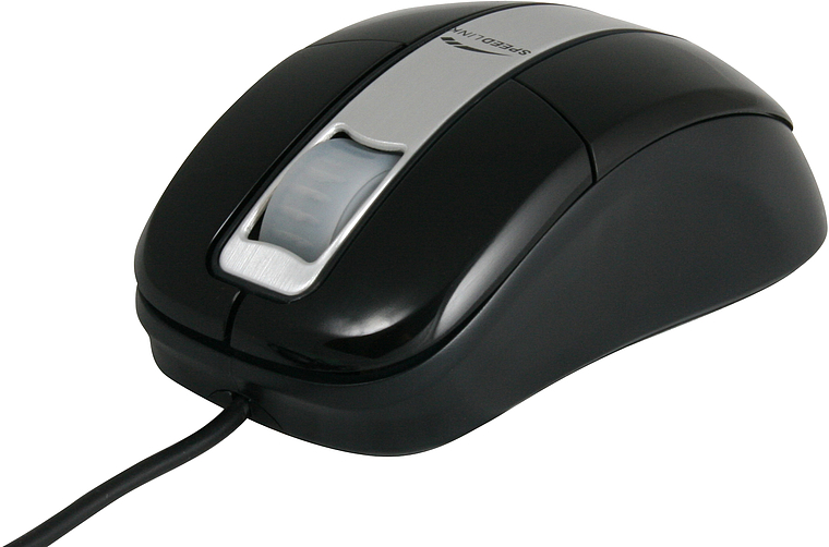 Schwarze kabelgebundene Computermaus mit ergonomischem Design und silbernem Scrollrad auf weißem Hintergrund