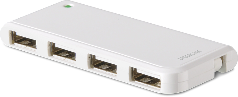 Abbildung eines weißen USB-Hubs mit vier USB-Anschlüssen der Marke SPEED LINK